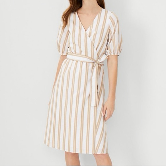 NEW Ann Taylor Striped Wrap Midi Dress Belted Size Medium Whiskey Cream - Picture 1 of 8